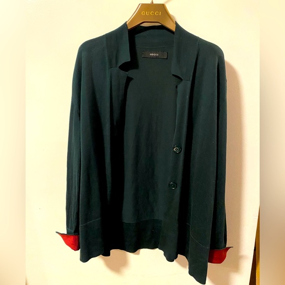 GUCCI Red & Green Silk Colorblock Cardigan Blazer Sweater w/ Hanger Large - Picture 5 of 10